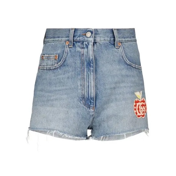 GUCCI Les Pommes High-Rise Denim Shorts - Blue - Picture 2 of 6